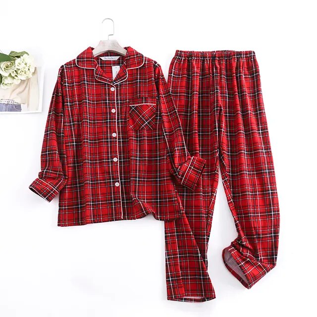 Women's Cotton Flannel Pajama Set with Checkered Pattern