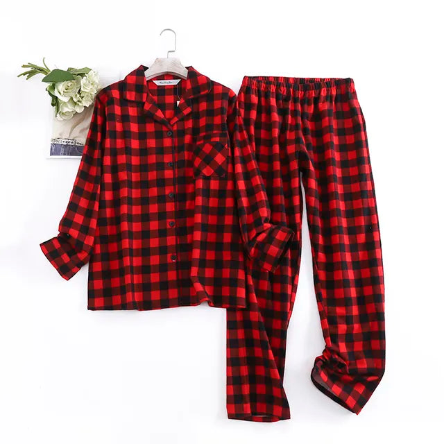 Women's Cotton Flannel Pajama Set with Checkered Pattern