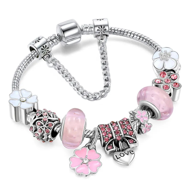 925 Silver Flower Design Charm Bracelet