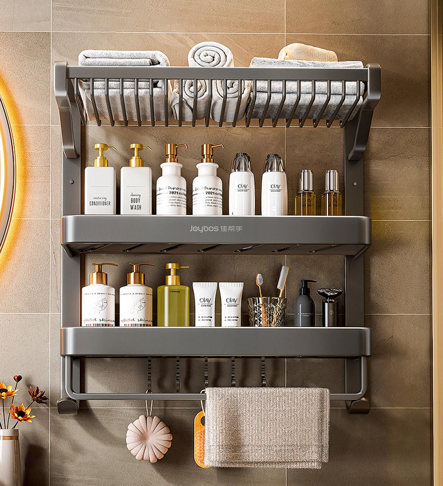 Wall-Mounted Bathroom Shelf with Hooks and Towel Holder