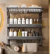 Wall-Mounted Bathroom Shelf with Hooks and Towel Holder