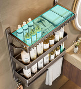 Wall-Mounted Bathroom Shelf with Hooks and Towel Holder