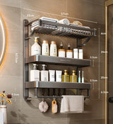 Wall-Mounted Bathroom Shelf with Hooks and Towel Holder