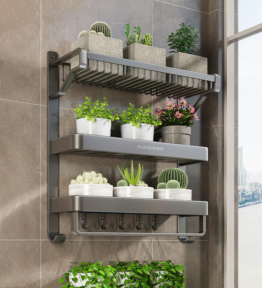 Wall-Mounted Bathroom Shelf with Hooks and Towel Holder