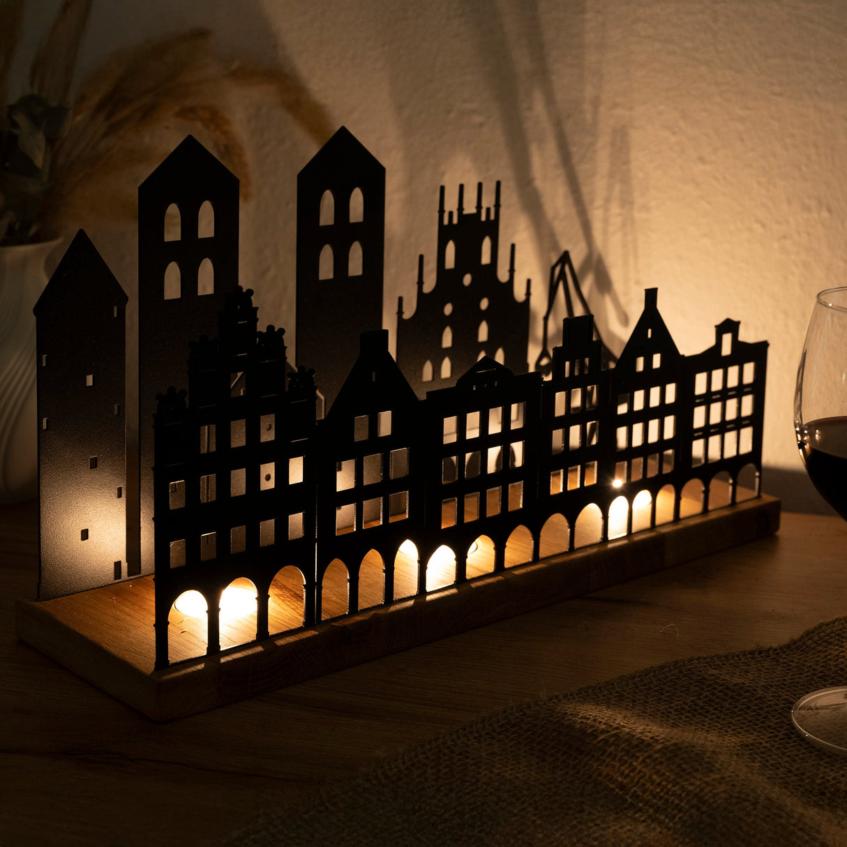 Münster City Silhouette Tealight Holder - Oak Wood and Metal Decoration