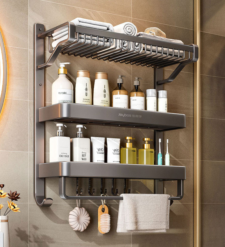 Wall-Mounted Bathroom Shelf with Hooks and Towel Holder