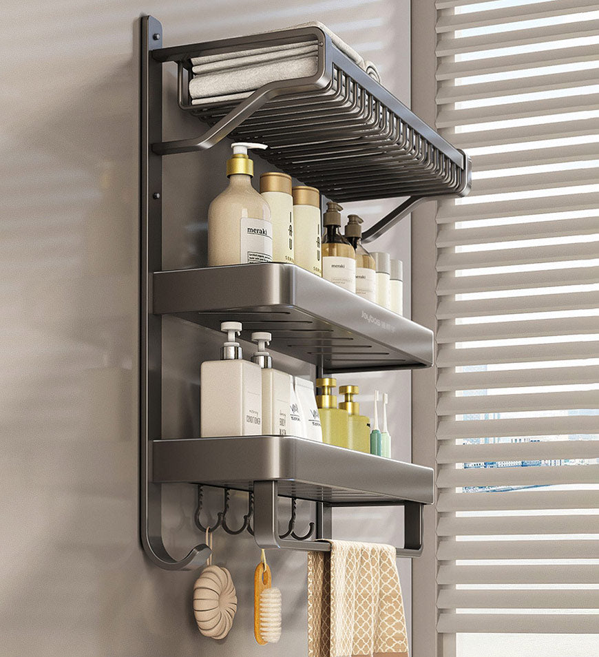 Wall-Mounted Bathroom Shelf with Hooks and Towel Holder