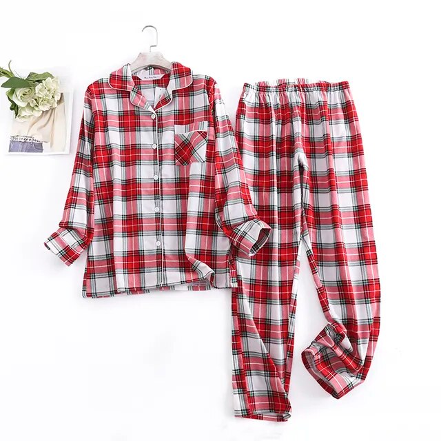 Women's Cotton Flannel Pajama Set with Checkered Pattern