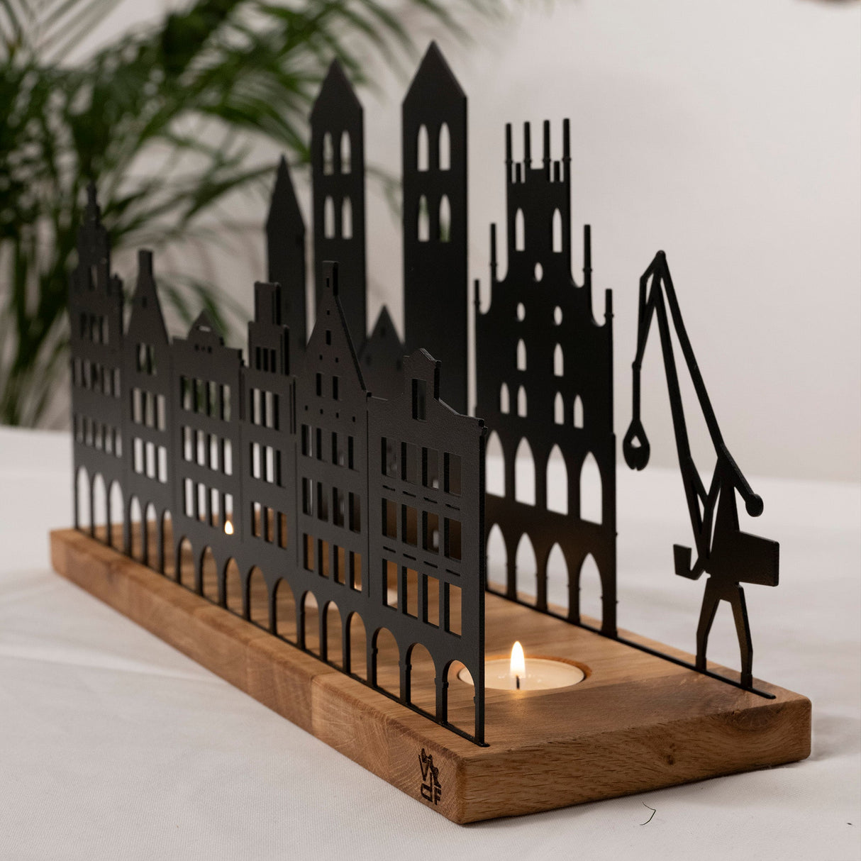 Münster City Silhouette Tealight Holder - Oak Wood and Metal Decoration